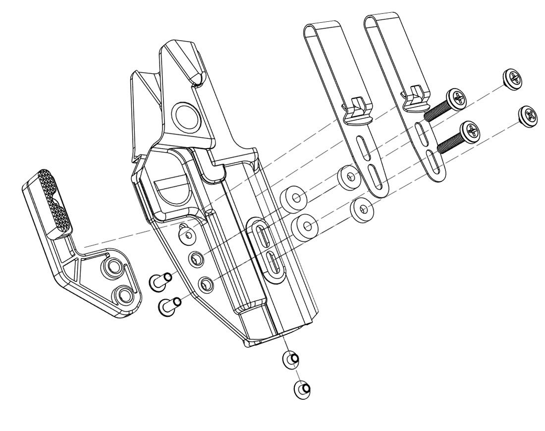 Exploded technical drawing of a concealment holster, showing the shell, belt clip and hardware separated out.